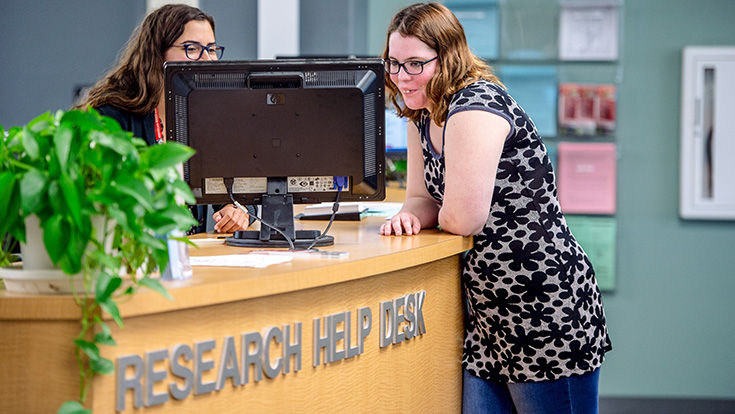 Student meeting with a librarian at the Research Help Desk