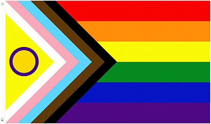 intersex flag in a triangle inside the five-striped chevron.