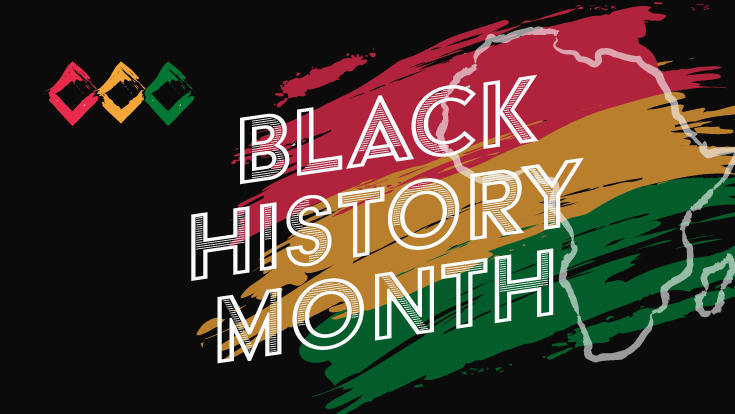 Red, yellow and green stripes on a black background, outline of Africa, and the words Black History Month