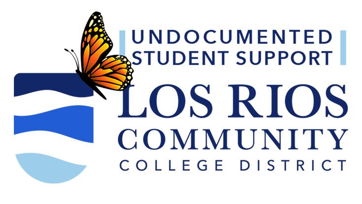 A monarch butterfly with the Los Rios Community College District logo and the tagline Undocumented Student Support